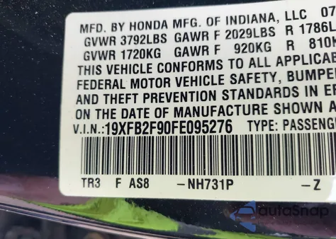 2015 Honda Civic Ex-L from USA, damaged, VIN 19XFB2F90FE095276